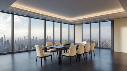 Elegant Business Meeting Room with City View: A sophisticated, light-filled conference room with a dark wooden table, cream-colored chairs, and floor-to-ceiling windows framing a vast cityscape.