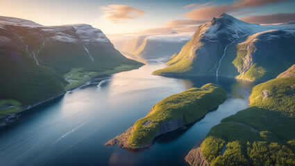 Aerial view of a scenic mountain lake at sunset with reflections and surrounding natural landscape