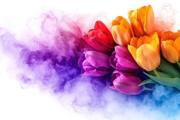 Fototapeta premium Vibrant tulips enveloped in colorful smoke.