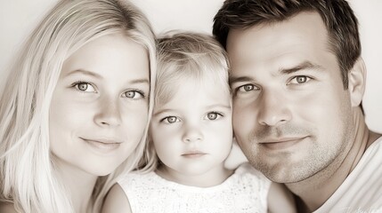 Beautiful sepia studio portrait of a loving Caucasian family, mother, father, child