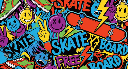 Vibrant skateboard culture vector illustration: skateboards, shoes, graffiti, and playful elements. Perfect for backgrounds, posters