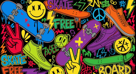 Vibrant skateboard culture vector illustration: skateboards, shoes, graffiti, and playful elements. Perfect for backgrounds, posters © meeblues