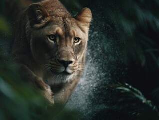 Obraz premium Lioness Running Through Lush Green Foliage