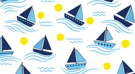 Adobe Illustrator Artwork Seamless nautical pattern featuring charming blue sailboats on waves with yellow suns. Perfect for children's designs, maritime themes, and summer backgrounds