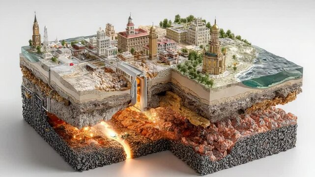 Conceptual illustration of geological layers with city elements and lava flow artistic view