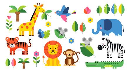 Cute jungle animal doodle vector set: tiger, giraffe, monkey, bear, leopard, hippo, crocodile, gorilla, mouse, birds, palm trees, flowers. Perfect for children's designs