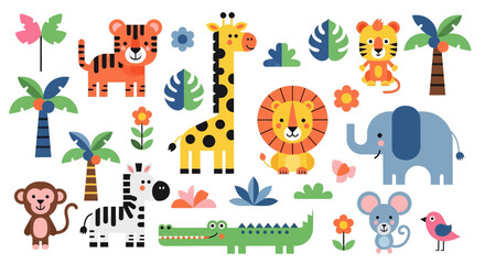 Cute jungle animal doodle vector set: tiger, giraffe, monkey, bear, leopard, hippo, crocodile, gorilla, mouse, birds, palm trees, flowers. Perfect for children's designs