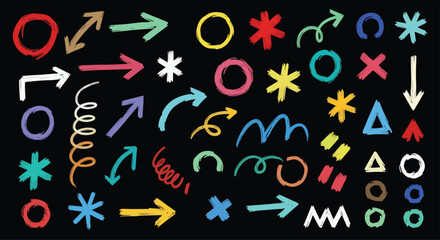 Adobe Illustrator Artwork Vibrant hand-drawn doodle chalk symbols and arrows on black. Diverse shapes, circles, stars, crosses, and scribbles. Perfect for creative designs and backgrounds