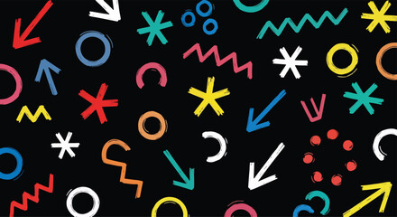 Adobe Illustrator Artwork Vibrant hand-drawn doodle chalk symbols and arrows on black. Diverse shapes, circles, stars, crosses, and scribbles. Perfect for creative designs and backgrounds