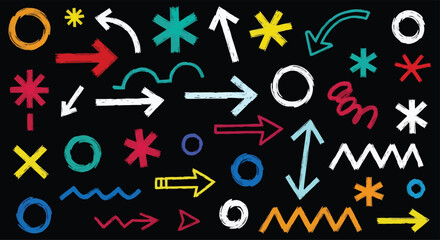 Adobe Illustrator Artwork Vibrant hand-drawn doodle chalk symbols and arrows on black. Diverse shapes, circles, stars, crosses, and scribbles. Perfect for creative designs and backgrounds