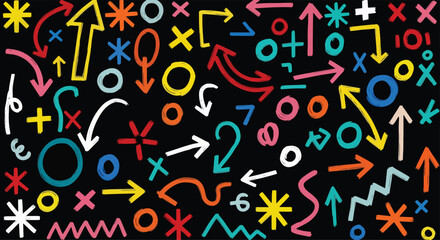 Adobe Illustrator Artwork Vibrant hand-drawn doodle chalk symbols and arrows on black. Diverse shapes, circles, stars, crosses, and scribbles. Perfect for creative designs and backgrounds