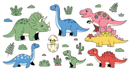 Adobe Illustrator Artwork Set of Adorable cartoon dinosaur collection with various species and playful expressions, surrounded by cheerful plants. Perfect for children's designs and prehistoric themes
