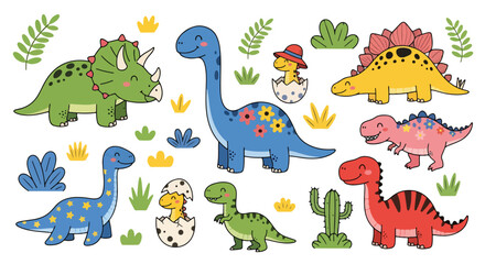 Adobe Illustrator Artwork Set of Adorable cartoon dinosaur collection with various species and playful expressions, surrounded by cheerful plants. Perfect for children's designs and prehistoric themes © meeblues