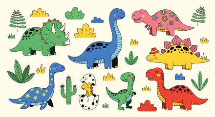 Adobe Illustrator Artwork Set of Adorable cartoon dinosaur collection with various species and playful expressions, surrounded by cheerful plants. Perfect for children's designs and prehistoric themes