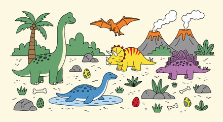 Adobe Illustrator Artwork Lively prehistoric landscape with cute dinosaurs: long-neck, triceratops, pterodactyl, stegosaurus, and a friendly plesiosaur, set against volcanoes and palm trees © meeblues