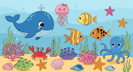 Cheerful underwater world illustration with cute whale, octopus, jellyfish, fish, crab, starfish, and corals. Perfect for children's books and marine designs
