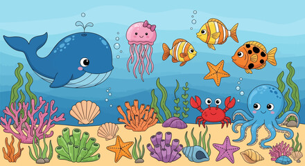 Cheerful underwater world illustration with cute whale, octopus, jellyfish, fish, crab, starfish, and corals. Perfect for children's books and marine designs