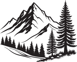 Obraz premium mountain silhouette, pine tree forest minimalist design, graphic art, vector graphics