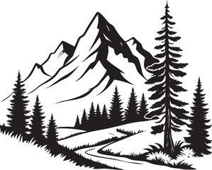 Obraz premium mountain silhouette, pine tree forest minimalist design, graphic art, vector graphics