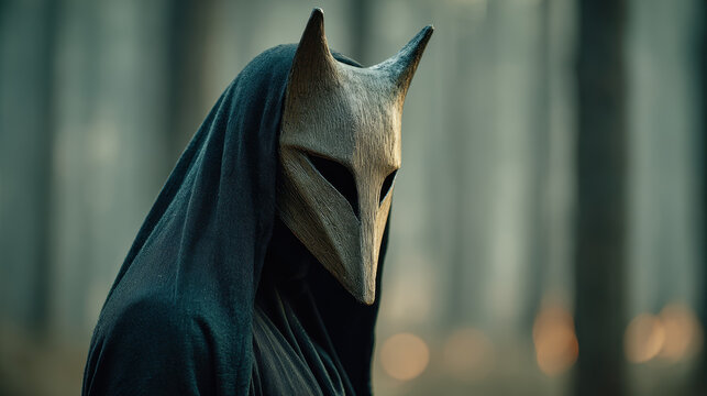 Mysterious figure wea a dark cloak and a detailed wooden mask resembling a wolf or fox, standing in a foggy forest with blurred trees in the background
