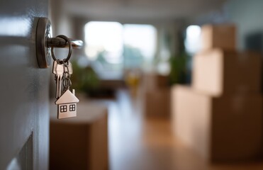 Close up photograph of key with house shaped keychain hanging from door handle, symbolizing new beginnings and home ownership. background features blurred moving boxes, creating sense