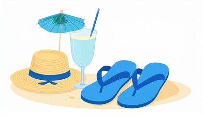 ＜夏＞麦わら帽子とビーチサンダル＆トロピカルドリンク