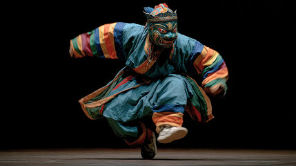 Fototapeta premium Dynamic traditional dance performer wea vibrant colorful costume and detailed mask captured mid-movement on stage du cultural performance