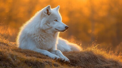 Obraz premium A white Arctic wolf resting on a grassy hill, peaceful expression, golden sunset lighting, soft-focus background 