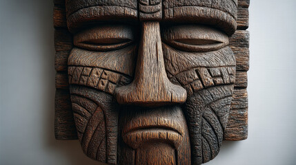Intricately Carved Wooden Tiki Mask with Detailed Facial Features and Traditional Polynesian Design Elements for Cultural Decoration or Artistic Display