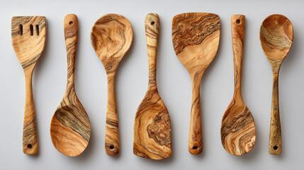 Set of seven handcrafted wooden kitchen utensils including a fork spoon spreader and spatula made from natural wood with visible grain textures on a white background