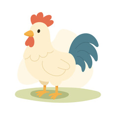 Cartoon rooster stands proudly with colorful tail, rooster adds rustic charm to farm visuals, rooster fits morning and countryside themes, ideal for children s content.