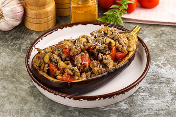 Baked eggplant stuffed meat and tomato