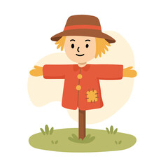 Cartoon scarecrow stands on green grass with red coat, scarecrow adds charm to farm scenes, scarecrow fits autumn and harvest visuals, ideal for kids educational content.