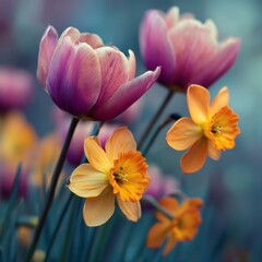 Naklejka premium Closeup of Pink Purple Tulips and Orange Daffodils