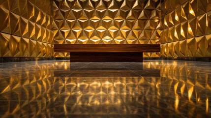 Elegant modern interior with gold geometric wall design and reflective surface, stylish reception area with minimalist wooden desk, luxurious ambiance