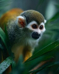 Obraz premium Closeup Portrait of a Squirrel Monkey in Lush Green Foliage