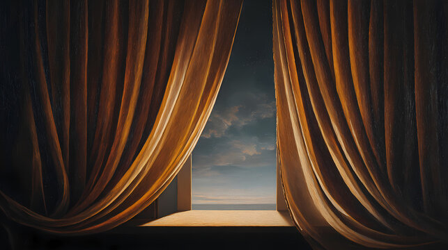 art print for surreal home decor | visual silence | symbolic tension | muted night contrasts | object surreal centrality | closed curtains in open skies | flat depth paradox | smooth blending |