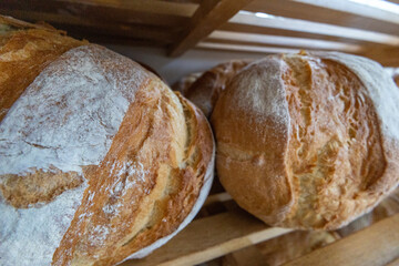 bread in basket on display, bread on the counter, fresh morning food, bread, bakery, baker