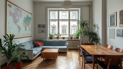 Bright living room with hardwood floors, L-shaped sofa, wooden dining table, and many plants