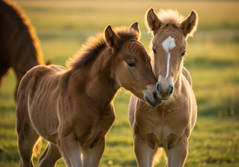 Obraz premium Two curious and gentle foals share an intimate moment in a vibrant green pasture.