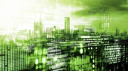 Futuristic cityscape overlaid with digital data streams and graphs, depicting technological advancement and urban development