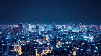 Fototapeta premium Night cityscape illuminated, showcasing interconnectedness via glowing network lines
