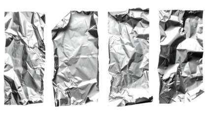 set of four crumpled and torn silver food foil textures on isolated background for design mockup or packaging use

