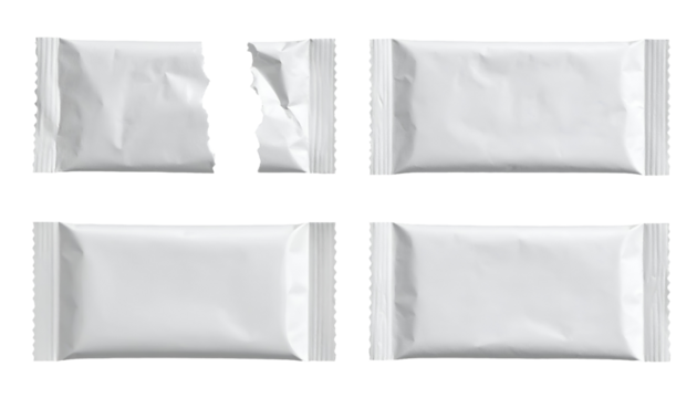 set of four torn and sealed white sugar packet mockup on isolated background for food packaging and branding design
