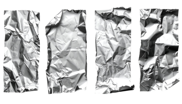set of four crumpled and torn silver food foil textures on isolated background for design mockup or packaging use
