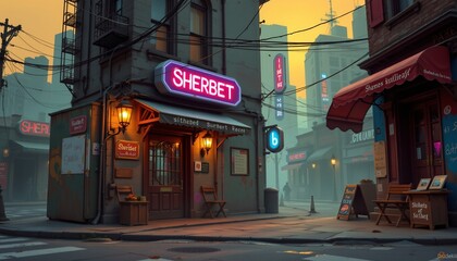 Naklejka premium an urban fantasy scene of sherbet, positioned left, ,no text, no logo, amber background