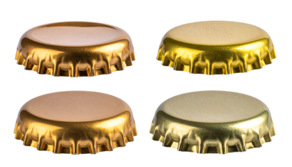 set of four realistic golden beer bottle caps on isolated background for beverage packaging and branding design
