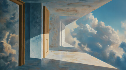 illustration for psychology article | symbolic presence | symbolic tension | sky blue and beige | frame within frame | fire and rain coexistence | shadow misalignment | symbolic displacement | dream