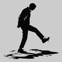 a person stepping over a puddle silhouette vector design art and illustration