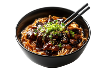 Bowl of Jajangmyeon noodles with beef in blackbean sauce, topped with scallions and sesame seeds, isolated on white background, concept of Asian cuisine